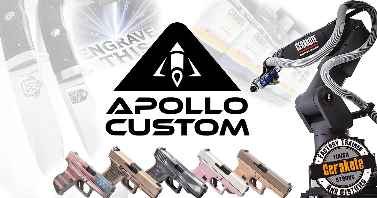 Apollo Custom logo with firearms, knives, Cerakote robot, and engraving samples